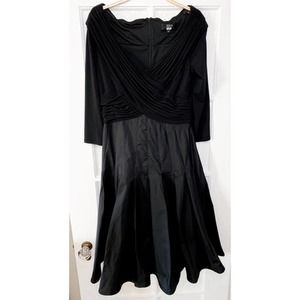 Tadashi Shoji Formal Midi Flare Flounce Long Sleeve Dress Gown Black Taffeta 8